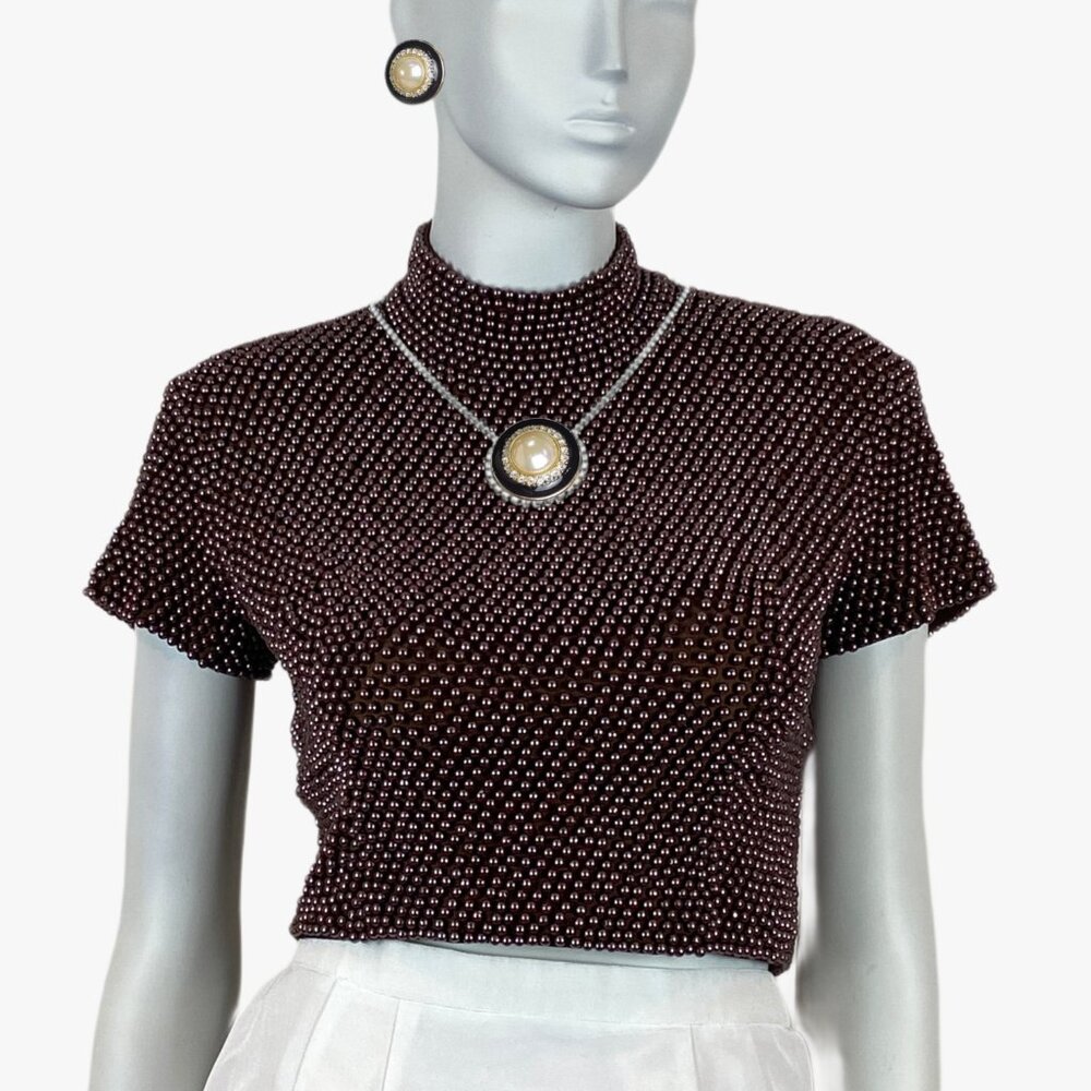 VTG Brown Faux Pearl Embellished Top Party Prom Formal Wedding by Victoria Royal